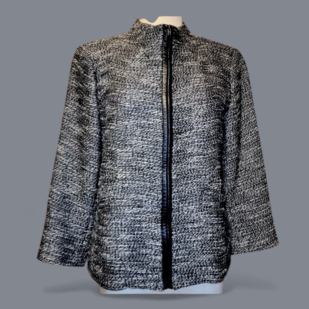 EILEEN FISHER TWEED LEATHER TRIM BLACK & WHITE JACKET LINEN COTTON BLEND MEDIUM